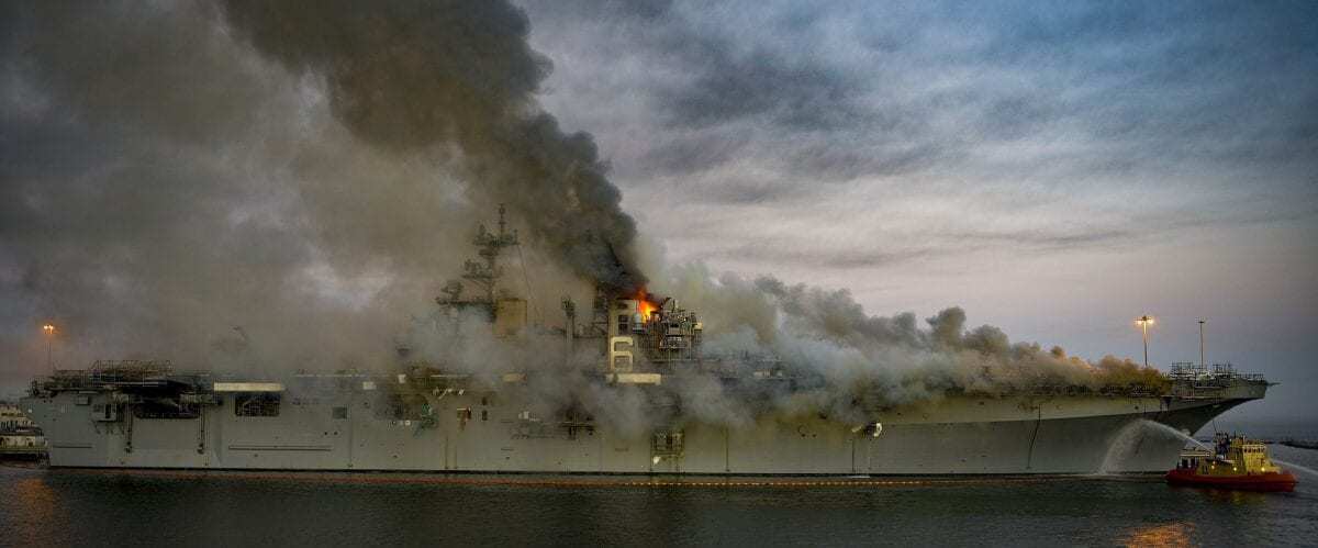 USS Bonhomme Richard on fire at Naval Base San Diego on 12 July 2020.