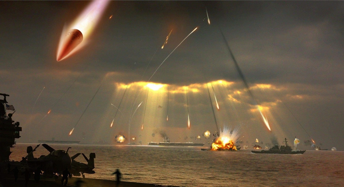 Depiction of Chinese missiles attacking the U.S. Navy. Image: Chinese Internet. 