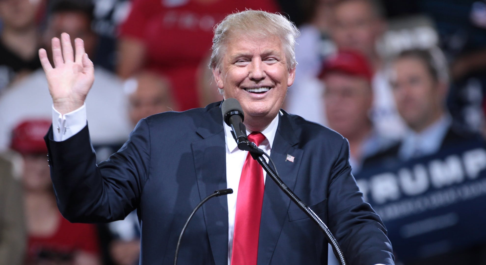 Donald Trump speaking with supporters at a campaign rally at Veterans Memorial Coliseum at the Arizona State Fairgrounds in Phoenix, Arizona. By Gage Skidmore.