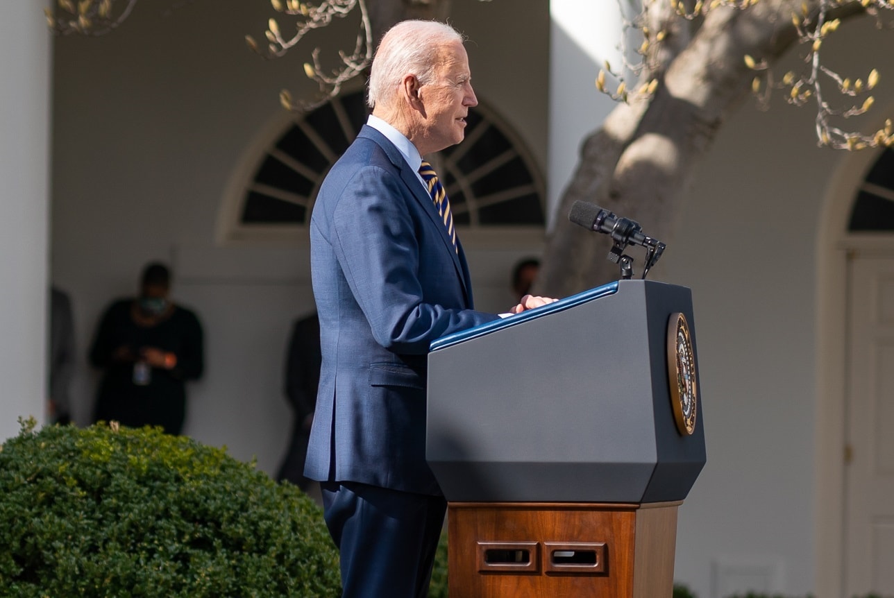 President Joe Biden, joined by Vice President Kamala Harris, Senate Majority Leader Charles “Chuck” Schumer, D-N.Y., and House Speaker Nancy Pelosi, D-Calif., delivers remarks on the American Rescue Plan Friday, March 12, 2021, in the Rose Garden of the White House. (Official White House Photo by Adam Schultz)