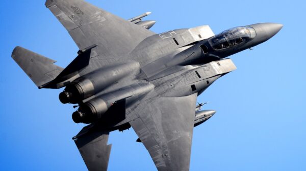 A Boeing (McDonnell Douglas) F-15E "Strike Eagle" assigned to the 492nd Fighter Squadron performs a high-speed pass over RAF Lakenheath, England, April 10, 2019. The 492nd conducts routine training daily to ensure RAF Lakenheath brings unique air combat capabilities to the fight when called upon by U.S. Air Forces in Europe-Air Forces Africa.