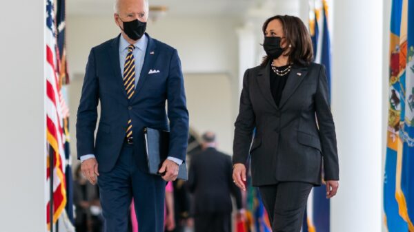 President Joe Biden And Vice President Kamala Harris walk from the Rose Garden of the White House to the Oval Office Friday, March 12, 2021, following their remarks celebrating the passage of the American Rescue Plan. (Official White House Photo by Adam Schultz)