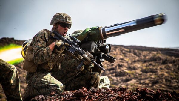 POHAKULOA TRAINING AREA, Hawaii (May 15, 2019) - U.S. Marine Corps Sgt. Troy Mole, section leader, Combined Anti-Armor Team, Weapons Company, 2nd Battalion, 3rd Marine Regiment, fires a shoulder-fired Javelin missile during Exercise Bougainville II on Range 20A, Pohakuloa Training Area, Hawaii, May 15, 2019. Bougainville II is the second phase of pre-deployment training conducted by the battalion in order to enhance unit cohesion and combat readiness. (U.S. Marine Corps photo by Lance Cpl. Jacob Wilson) 190515-M-LK264-0004.