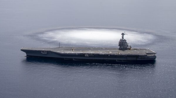 The aircraft carrier USS Gerald R. Ford (CVN 78) completes the first scheduled explosive event of Full Ship Shock Trials while underway in the Atlantic Ocean, June 18, 2021. The U.S. Navy conducts shock trials of new ship designs using live explosives to confirm that our warships can continue to meet demanding mission requirements under harsh conditions they might encounter in battle. (U.S. Navy photo by Mass Communication Specialist 3rd Class Riley B. McDowell)