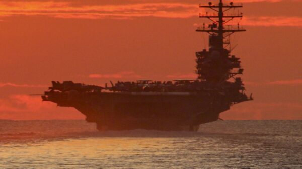 The Navy’s only forward-deployed aircraft carrier USS Ronald Reagan (CVN 76) transits the South China Sea with the Arleigh Burke-class guided missile destroyer USS Halsey (DDG 97) and the Ticonderoga-class guided-missile cruiser USS Shiloh (CG 67). From U.S. Navy