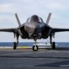 ATLANTIC OCEAN (Oct., 17, 2019) An UK F-35B Lightning fighter jet taxis across the flight deck of the HMS Queen Elizabeth (RO 8) during flight operations in the Atlantic Ocean. HMS Queen Elizabeth is currently deployed in support of WESTLANT 19 which involves mission planning, arming the aircraft using the ship's Highly Automated Weapon Handling System, flying missions and debriefing on completion. The first operational deployment for HMS Queen Elizabeth 617 Squadron and a squadron of US Marine Corps Lightning jets is due to take place in 2021. (U.S. Navy photo by Mass Communication Specialist 3rd Class Nathan T. Beard/Released)