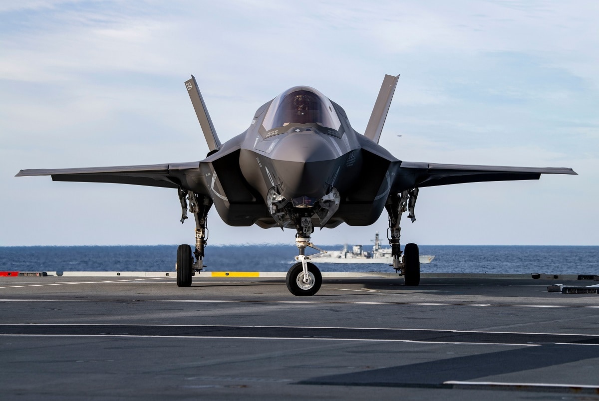 ATLANTIC OCEAN (Oct., 17, 2019) An UK F-35B Lightning fighter jet taxis across the flight deck of the HMS Queen Elizabeth (RO 8) during flight operations in the Atlantic Ocean. HMS Queen Elizabeth is currently deployed in support of WESTLANT 19 which involves mission planning, arming the aircraft using the ship's Highly Automated Weapon Handling System, flying missions and debriefing on completion. The first operational deployment for HMS Queen Elizabeth 617 Squadron and a squadron of US Marine Corps Lightning jets is due to take place in 2021. (U.S. Navy photo by Mass Communication Specialist 3rd Class Nathan T. Beard/Released)