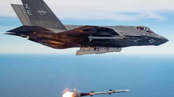 EDWARDS AIR FORCE BASE, Calif. (Jan. 24, 2019) U.S. Navy Lt. Daniel "Crib" Armenteros, piloting an F-35C Lightning II assigned to Naval Air Station China Lake's Air Test and Evaluation Squadron Nine (VX-9), conducts the first live-fire test of an AIM-120 missile released from an operational Joint Strike Fighter. The advanced medium-range air-to-air Missile was released from the aircraft's internal weapons storage bay over a controlled sea test range in the Pacific Ocean as part of efforts by the 412th Test Wing and Joint Operational Test Team at Edwards Air Force Base. (U.S. Air Force photo by Christopher Okula/RELEASED)