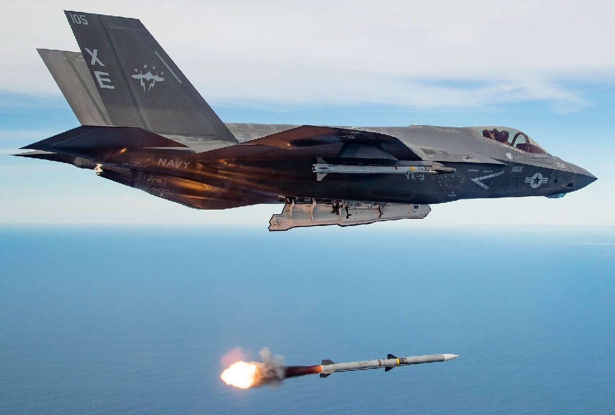 EDWARDS AIR FORCE BASE, Calif. (Jan. 24, 2019) U.S. Navy Lt. Daniel "Crib" Armenteros, piloting an F-35C Lightning II assigned to Naval Air Station China Lake's Air Test and Evaluation Squadron Nine (VX-9), conducts the first live-fire test of an AIM-120 missile released from an operational Joint Strike Fighter. The advanced medium-range air-to-air Missile was released from the aircraft's internal weapons storage bay over a controlled sea test range in the Pacific Ocean as part of efforts by the 412th Test Wing and Joint Operational Test Team at Edwards Air Force Base. (U.S. Air Force photo by Christopher Okula/RELEASED)