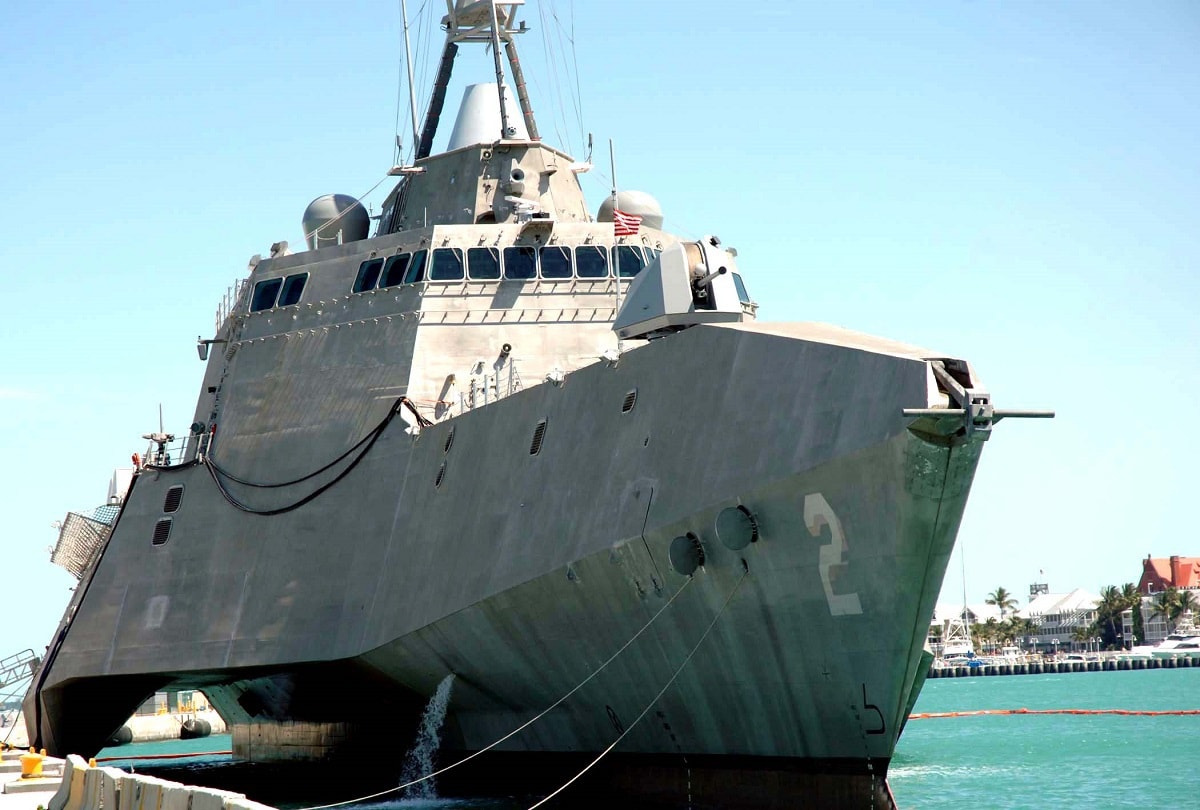 100331-N-1876H-044 KEY WEST, Fla. (March 31, 2010) The littoral combat ship USS Independence (LCS 2) is pier side during a port visit to Key West, Fla. Independence is enroute to Norfolk, Va., for commencement of initial testing and evaluation of the aluminum vessel before transiting to its homeport in San Diego. (U.S. Navy photo by Lt. Zachary Harrell/Released)