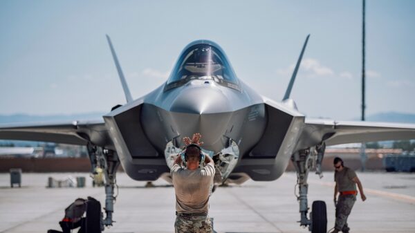 F-35A Lightning IIs from the 158th Fighter Wing, Vermont Air National Guard, return from training exercises during Red Flag 21-3 at Nellis Air Force Base, Las Vegas, Nevada, July 27, 2021. Red Flag was created to increase interoperability, leveraging common perspectives against shared threats. (U.S. Air National Guard photo by Tech. Sgt. Ryan Campbell)