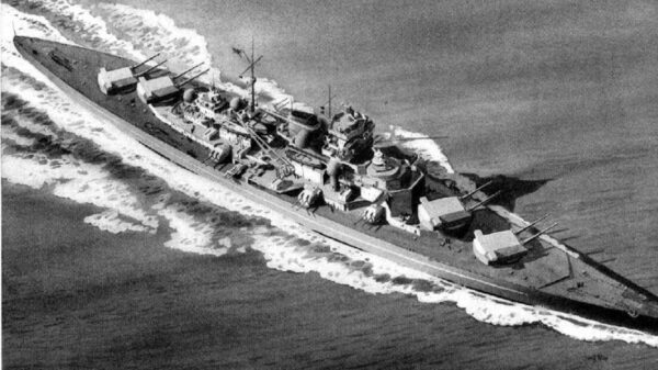 A recognition drawing of Tirpitz prepared by the US Navy. Image: Public Domain.