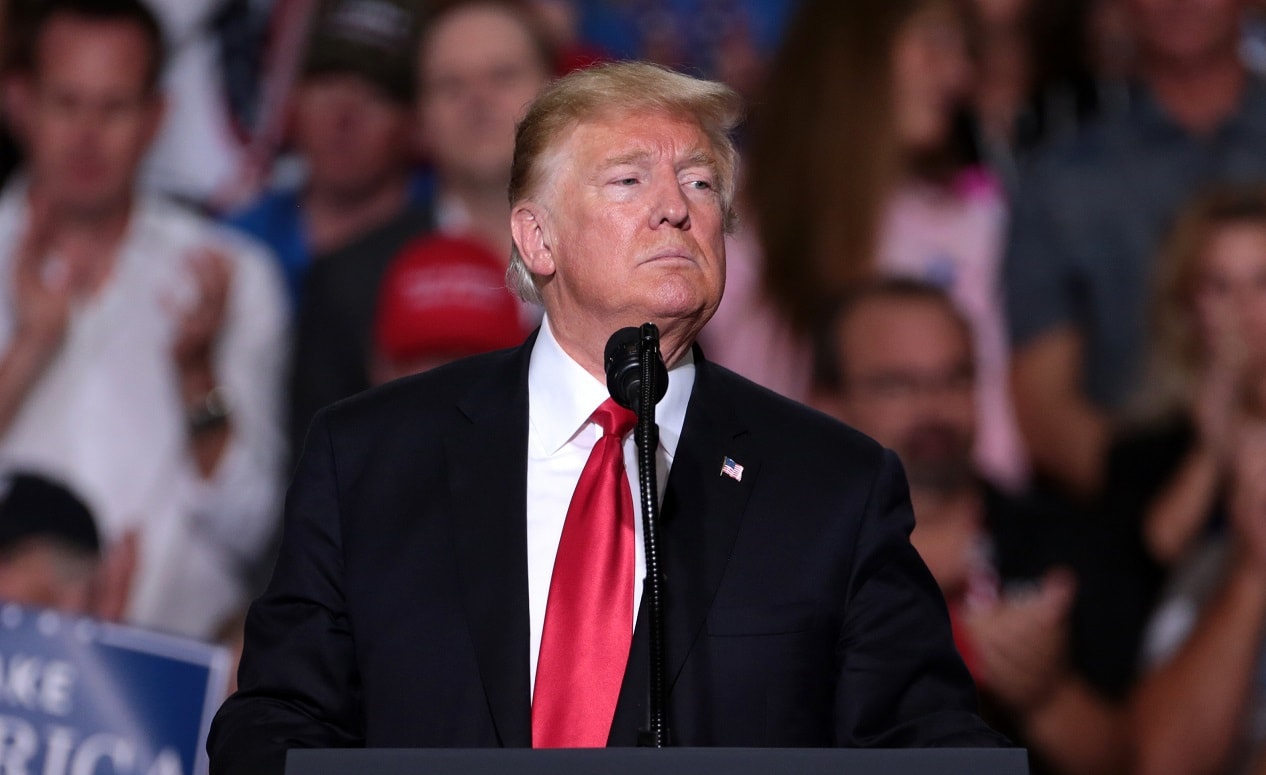 President of the United States Donald Trump speaking with supporters at a Make America Great Again campaign rally at International Air Response Hangar at Phoenix-Mesa Gateway Airport in Mesa, Arizona.