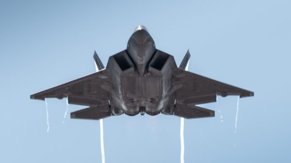 U.S. Air Force Maj. Paul Lopez, F-22 Demo Team commander, performs a high speed pass maneuver during the Fort Worth Alliance air show in Fort Worth, Texas, Oct. 19, 2019. Representing the U.S. Air Force and Air Combat Command, the F-22 Demo Team travels to 25 air shows a season to showcase the performance and capabilities of the world's premier 5th-generation fighter. (U.S. Air Force photo by 2nd Lt. Sam Eckholm)