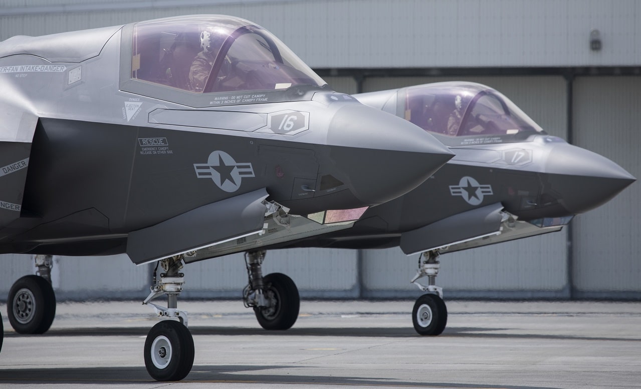 U.S. Marine Corps F-35B Lightning ll aircraft with Marine Fighter Attack Squadron (VMFA) 121 prepare for takeoff from Marine Corps Air Station Iwakuni, Japan, April 8, 2021. VMFA-121 is the first forward deployed Marine F-35B squadron, capable of providing close air support and conducting strike missions in support of a free and open Indo-Pacific. (U.S. Marine Corps photo by Cpl. Jackson Ricker)