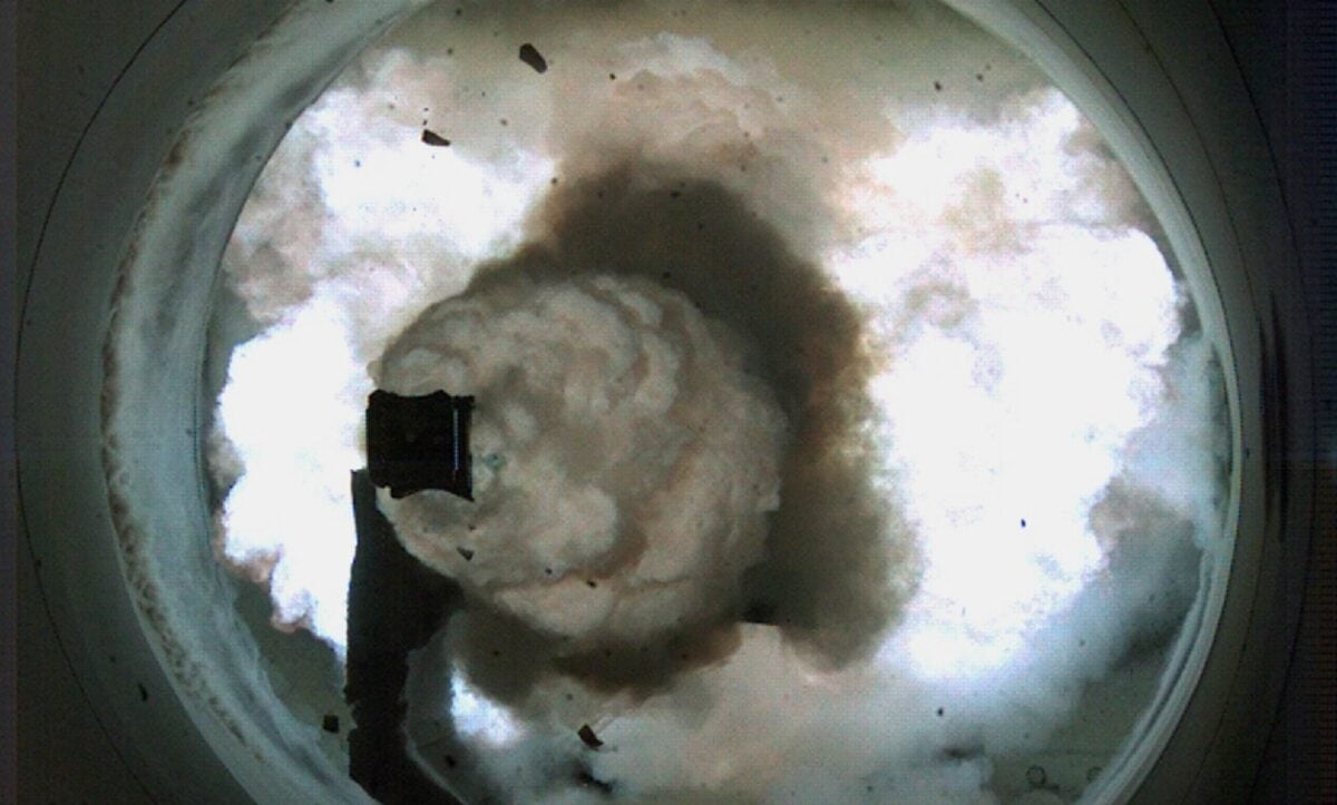 101210-N-0000X-001 
DAHLGREN, Va. (Dec. 10, 2010) High-speed camera image of the Office of Naval Research Electromagnetic Railgun located at the Naval Surface Warfare Center Dahlgren Division, firing a world-record setting 33 mega-joule shot, breaking the previous record established Jan. 31, 2008. The railgun is a long-range, high-energy gun launch system that uses electricity rather than gunpowder or rocket motors to launch projectiles capable of striking a target at a range of more than 200 nautical miles with Mach 7 velocity. A future tactical railgun will hit targets at ranges almost 20 times farther than conventional surface ship combat systems. (U.S. Navy photo/Released)