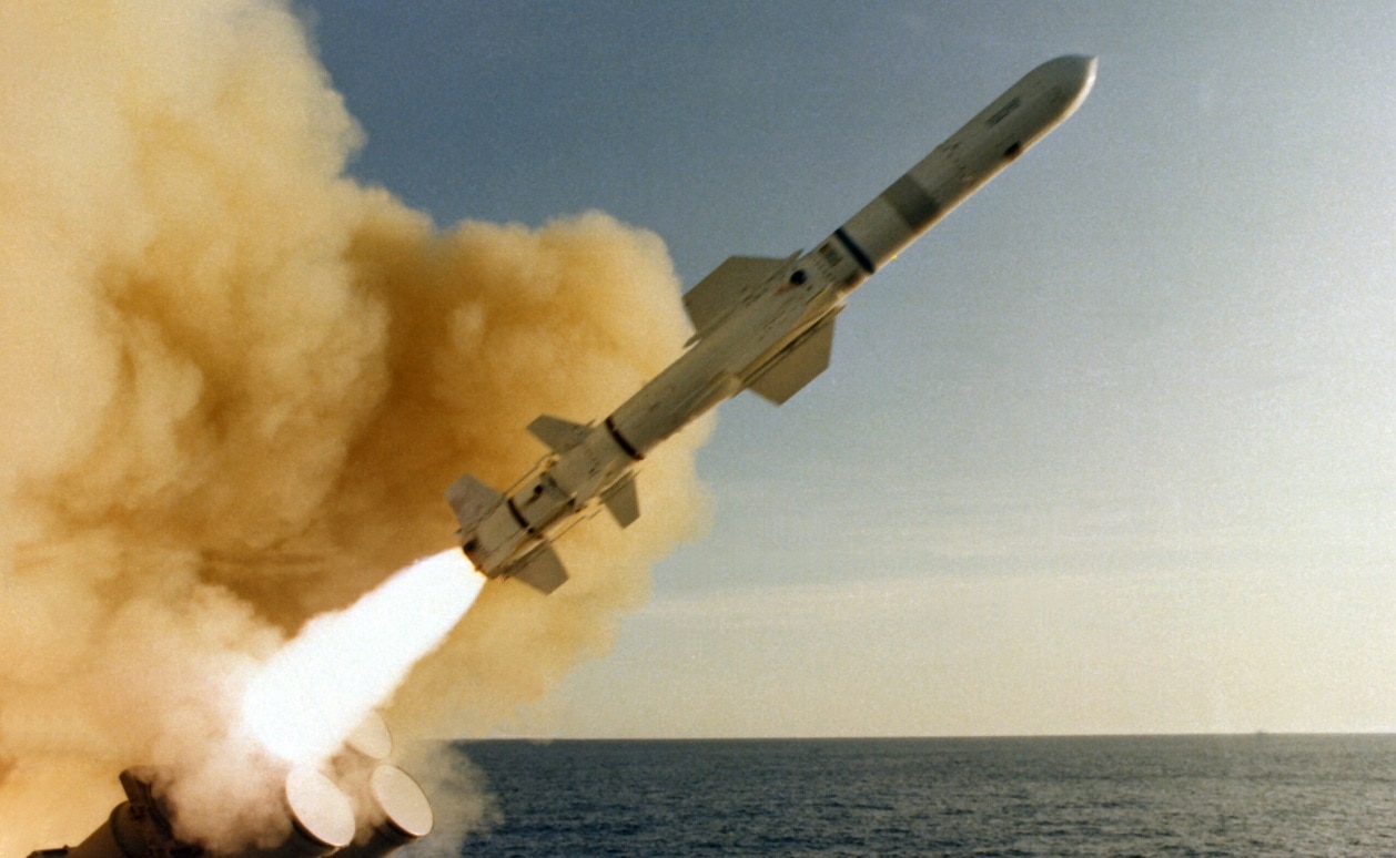 A view of an RGM-84 surface-to-surface Harpoon missile, immediately after leaving a canister launcher aboard the cruiser USS LEAHY (CG-16), near the Pacific Missile Test Center, Calif.