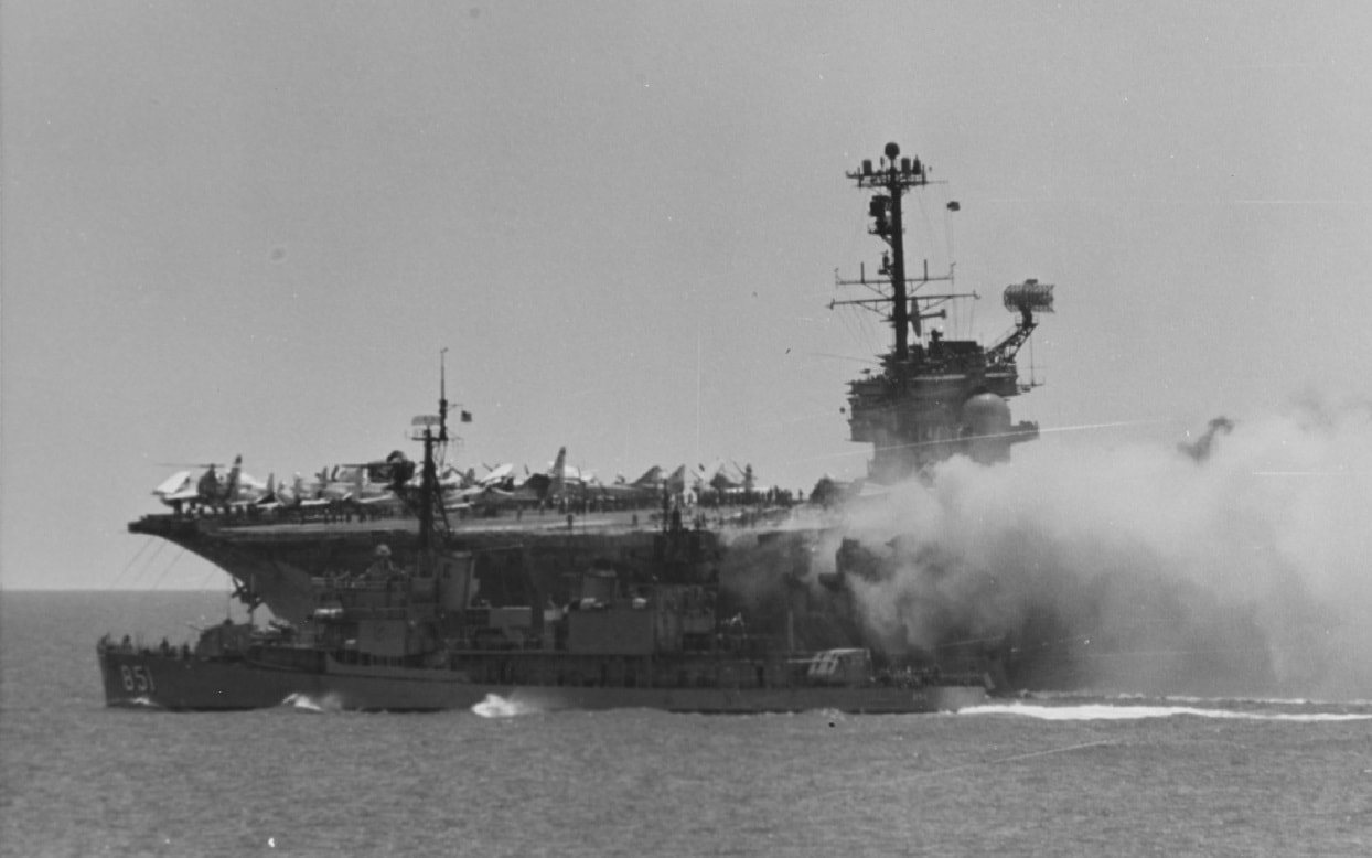 USS Forrestal on fire in 1967. Image Credit: US Navy.