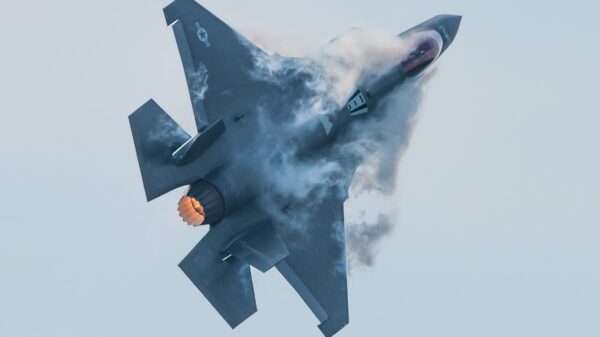 Capt. Andrew “Dojo” Olson, F-35 Demonstration Team pilot and commander performs a high-speed pass in an F-35A Lightning II during the Arctic Lightning Airshow July 13, 2019, at Eielson Air Force Base, Alaska. The aerial demonstration consists of 16 maneuvers that fully showcase the capabilities of the F-35A Lightning II. (U.S. Air Force photo by Senior Airman Alexander Cook)