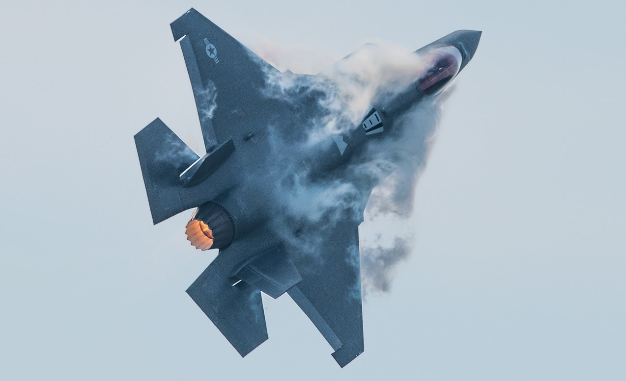 Capt. Andrew “Dojo” Olson, F-35 Demonstration Team pilot and commander performs a high-speed pass in an F-35A Lightning II during the Arctic Lightning Airshow July 13, 2019, at Eielson Air Force Base, Alaska. The aerial demonstration consists of 16 maneuvers that fully showcase the capabilities of the F-35A Lightning II. (U.S. Air Force photo by Senior Airman Alexander Cook)