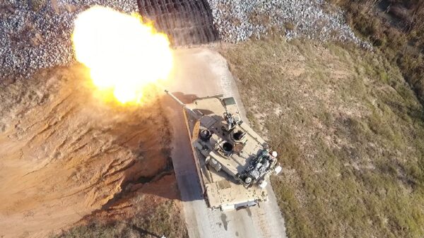 Aerial drone image of an M1A2 Abrams Main Battle Tank crew, from the 1st Armor Brigade Combat Team, 3rd Infantry Division, conducting Table VI Gunnery at Fort Stewart, Ga. December 6, 2016.