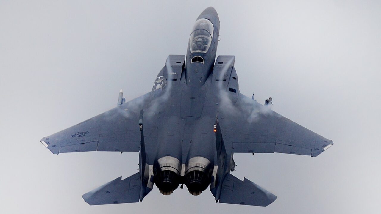 An F-15E Strike Eagle assigned to the 494th Fighter Squadron takes off for a training sortie at Royal Air Force Lakenheath, England, Oct. 26, 2018. The 494th trains regularly to ensure RAF Lakenheath brings unique air combat capabilities to the fight. (U.S. Air Force photo/ Tech. Sgt. Matthew Plew)