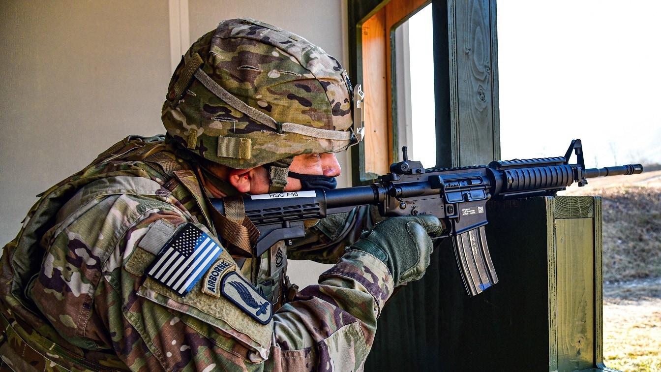 A Soldier assigned to U.S. Army Southern European Task Force, Africa engages pop-up targets with an M4 carbine during marksmanship training at Cao Malnisio Range in Pordenone, Italy, Jan. 26, 2021. (U.S. Army photo by Davide Dalla Massara)