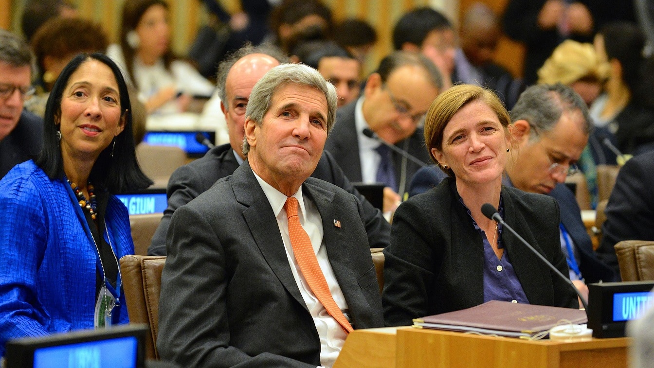 U.S. Secretary of State John Kerry and Ambassador Samantha Power, U.S. Permanent Representative to the United Nations, participate in the High-Level Ministerial on Libya at the United Nations in New York City on October 2, 2015. [State Department photo/ Public Domain]