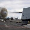 ATLANTIC OCEAN (June 30, 2018) The Arleigh Burke-class guided-missile destroyer USS Bainbridge (DDG 96) fires its Mark 45 five-inch gun during a live-fire exercise. Bainbridge, homeported at Naval Station Norfolk, is conducting naval operations in the U.S. 6th Fleet area of operations in support of U.S. national security interests in Europe and Africa. (U.S. Navy photo by Mass Communication Specialist 1st Class Theron J. Godbold/Released)180630-N-FP878-566