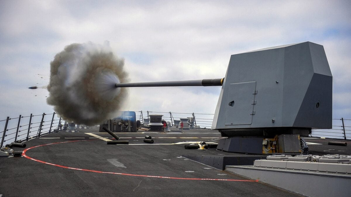 ATLANTIC OCEAN (June 30, 2018) The Arleigh Burke-class guided-missile destroyer USS Bainbridge (DDG 96) fires its Mark 45 five-inch gun during a live-fire exercise. Bainbridge, homeported at Naval Station Norfolk, is conducting naval operations in the U.S. 6th Fleet area of operations in support of U.S. national security interests in Europe and Africa. (U.S. Navy photo by Mass Communication Specialist 1st Class Theron J. Godbold/Released)180630-N-FP878-566