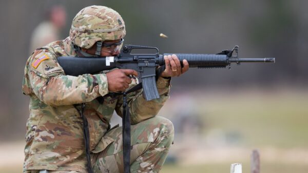U.S. Army Reserve Sgt. 1st Class Harrison Brewer, G4 Chief Movements Supervisor for the 335th Signal Command (Theater), fires an M16 rifle on a range at Fort Gordon, Georgia, March 8, 2019. Soldiers from the 335th Signal Command (Theater) headquarters completed warrior tasks and battle drills to include weapons qualification, grenade practice and roll over training during a four-day training designed to increase their warfighting abilities. (U.S. Army Reserve photo by Staff Sgt. Leron Richards)