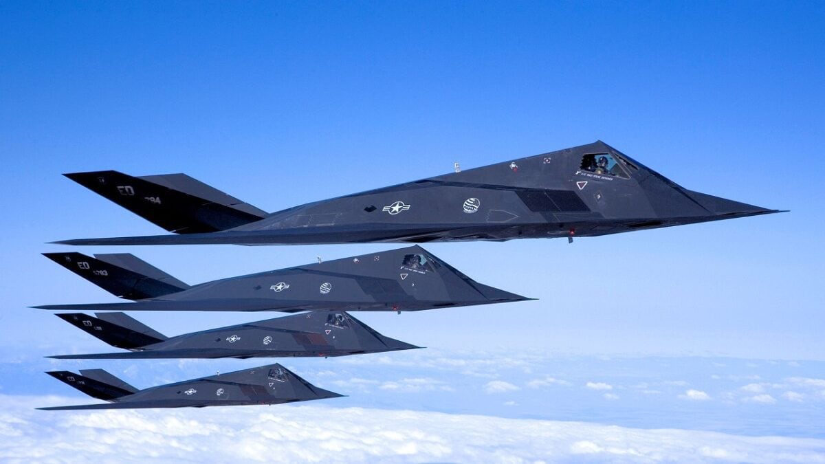 Four F-117 Nighthawks fly in formation during a sortie over the Antelope Valley recently. After 25 years of history, the aircraft is set to retire soon. As the Air Force's first stealth fighter, the F-117 is capable of performing reconnaissance missions and bombing critical targets, all without the enemy's knowledge. (Photo by Bobbi Zapka)