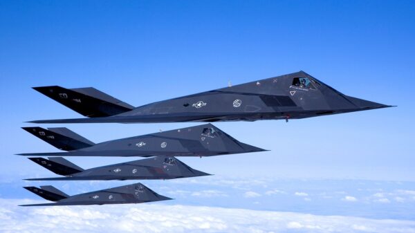 Four F-117 Nighthawks fly in formation during a sortie over the Antelope Valley recently. After 25 years of history, the aircraft is set to retire soon. As the Air Force's first stealth fighter, the F-117 is capable of performing reconnaissance missions and bombing critical targets, all without the enemy's knowledge. (Photo by Bobbi Zapka)