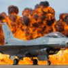 An Air Force F-16 Viper taxis just a few hundred feet from the wall of fire at the Fort Worth Alliance Air Show, Oct. 28, 2017 at Fort Worth, Texas. (Courtesy photo by Air Force Viper Demo Team)