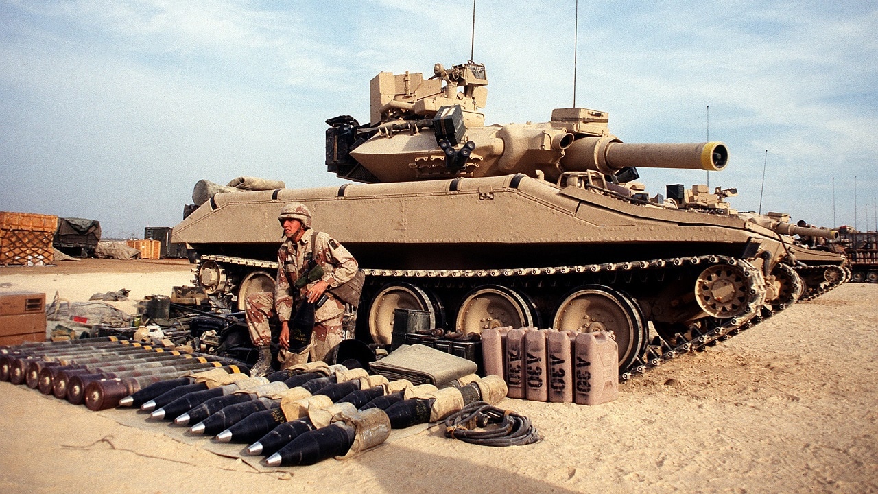 Saudi Arabia – A soldier from Company A, 3rd Battalion, 73rd Armor, 82nd Airborne Division, lays out equipment for an M551 Sheridan light tank prior to the 82nd Airborne Division live-fire exercise during Operation Desert Shield. Image Credit: Commons.