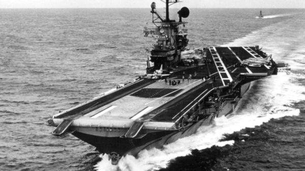 The U.S. Navy aircraft carrier USS Intrepid (CVS-11) underway in the South China Sea en route to Yankee Station off the coast of Vietnam in 1968. Intrepid, with assigned Attack Carrier Air Wing 10 (CVW-10), was deployed to Vietnam from 4 June 1968 to 9 February 1969.
