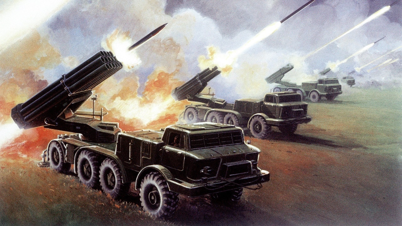 An artist's concept of several Soviet 220mm BM-27 multiple rocket launchers in operation. Image Credit: Creative Commons.