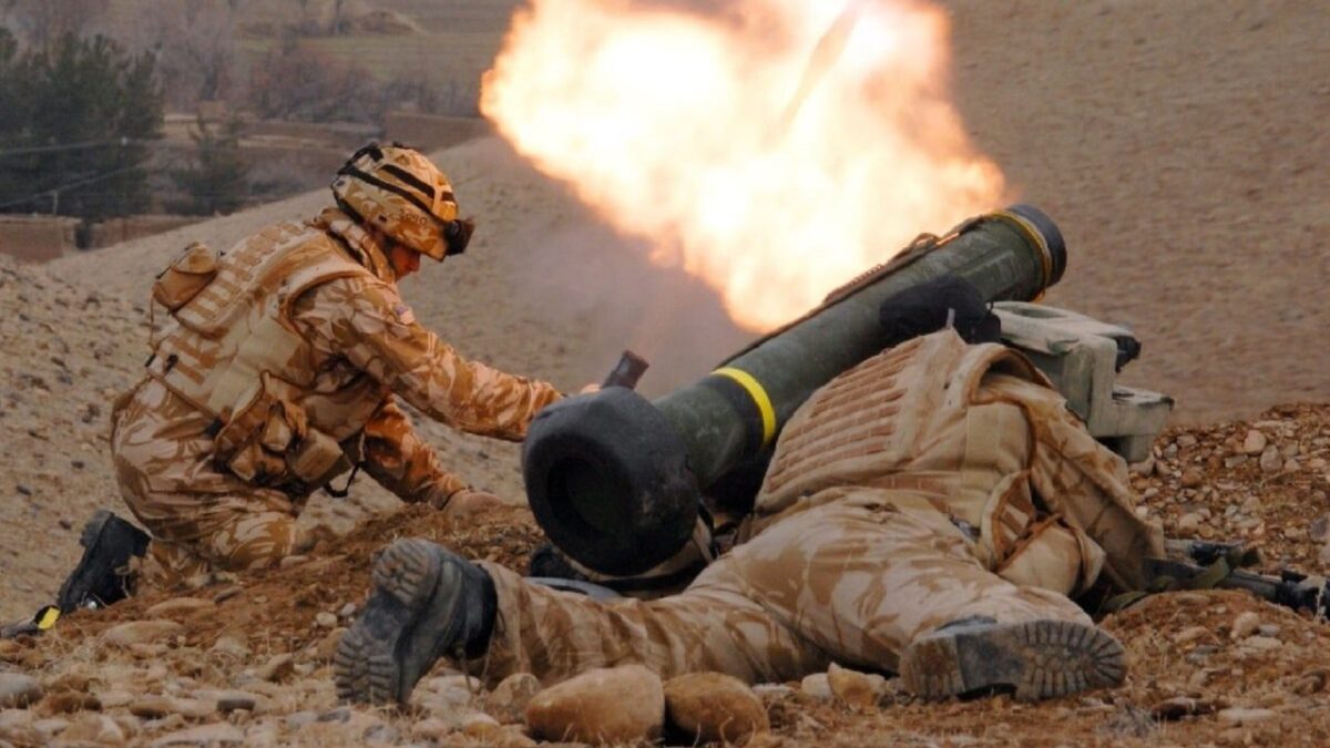 Javelin anti-tank missile being fired along with a mortar. Image credit: UK government.