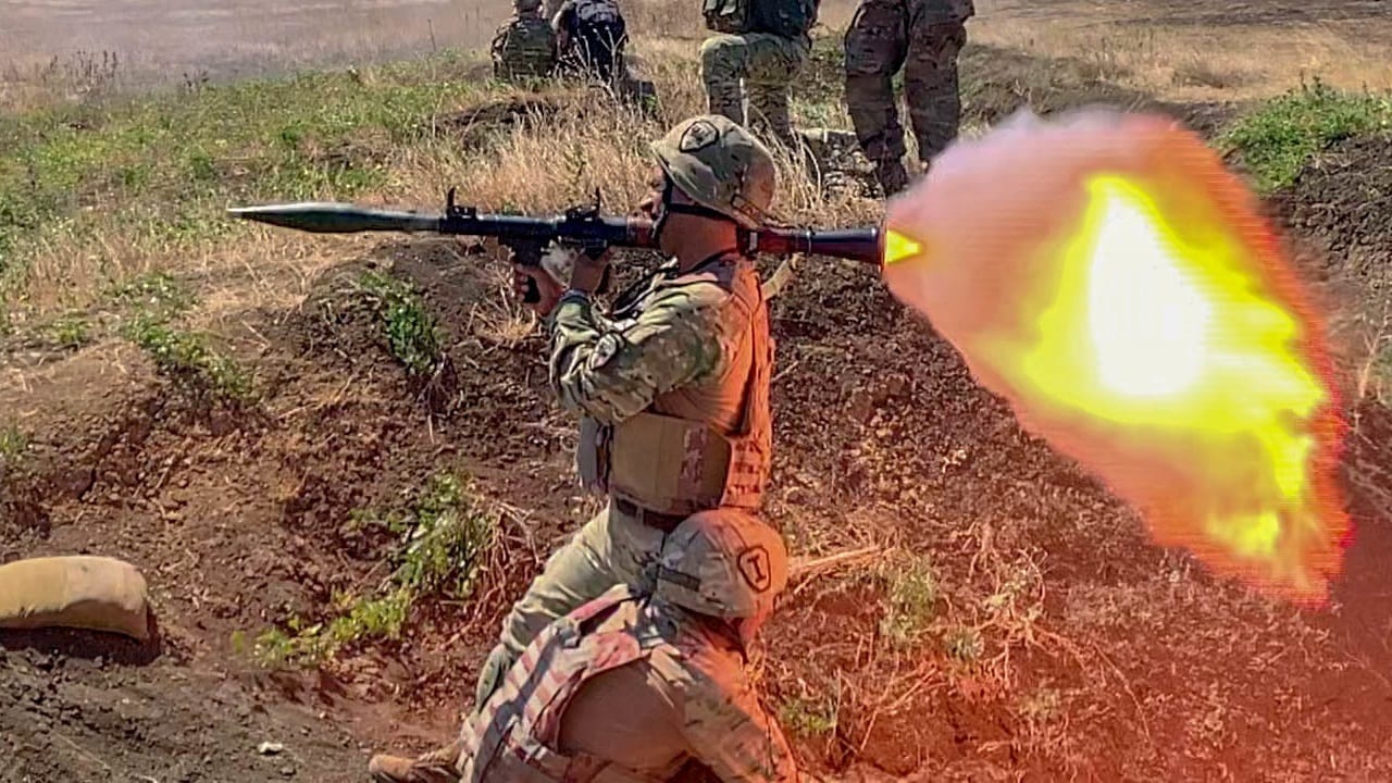 A Georgian Defense Force soldier fires an RPG-7 on an RPG range during Agile Spirit 19, at the Vaziani Training Area, on August 5, 2019. AsG19 is a joint, multinational exercise co-led by the Georgian Defense Forces and U.S. Army Europe. Occurring July 27 through August 9, 2019, the brigade-level exercise incorporates a command post exercise, field training exercise, and live-fires. Agile Spirit enhances U.S., Georgian, allied and partner forces' lethality, interoperability and readiness in a realistic training environment. (U.S. Army video snapshot by Spc. Ethan Valetski)