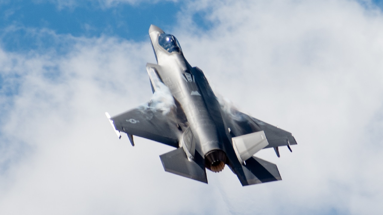 A U.S. Air Force F-35A Lightning II, assigned to the 63rd Fighter Squadron, Luke Air Force Base, Ariz., climbs to a higher altitude Aug. 26, 2019, at the Barry M. Goldwater Range near Gila Bend, Ariz. Pilots use the airspace in Gila Bend to train dropping ordnance and conducting strafing passes. (U.S. Air Force photo by Airman 1st Class Aspen Reid)