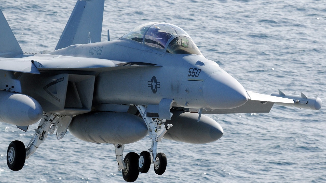 (Feb. 17, 2009) An EA-18G Growler assigned to the "Vikings" of Tactical Electronic Warfare Squadron (VAQ) 129 aligns itself for an at sea landing aboard the Nimitz-class aircraft carrier USS Ronald Reagan (CVN 76). The Growler is the replacement for the EA-6B Prowler, which will be replaced in the 2010 timeframe. Ronald Reagan is underway performing Fleet Replacement Squadron Carrier Qualifications in the Pacific. (U.S. Navy photo by Mass Communication Specialist 3rd Class Torrey W. Lee/Released).