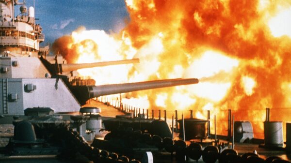 The Iowa-class battleship USS New Jersey fires at positions near Beirut on 9 January 1984 during the Lebanese Civil War.