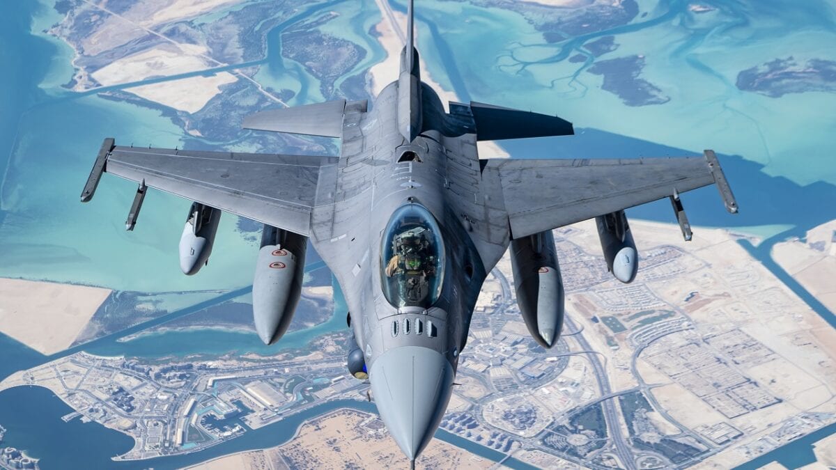 A U.S. Air Force F-16 Fighting Falcon flies over the U.S. Central Command area of responsibility Oct. 14, 2020. The F-16 Fighting Falcon is a compact, multirole fighter aircraft that has proven itself in both air-to-air combat and air-to-surface attack. (U.S. Air Force photo by Senior Airman Duncan C. Bevan)