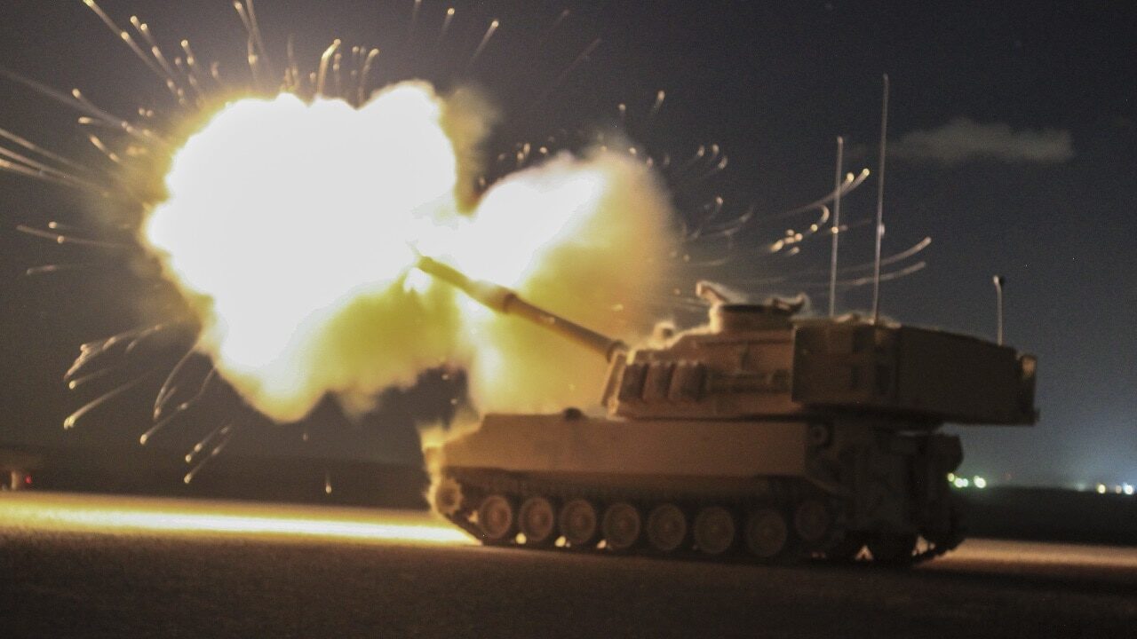 A Paladin M109 Alpha-6 Howitzer, fires an illumination round during a night fire exercise in support of Eager Lion 2016, May 23, 2016 at Al Zarqa, Jordan. Eager Lion 16 is a bi-lateral exercise in the Hashemite Kingdom of Jordan between the Jordanian Armed Forces and the U.S. Military designed to strengthen relationships and interoperability beween partner nations while conducting contingency operations. (U.S Army photo by Spc. Kevin Kim/ Released)