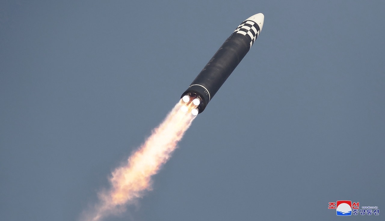 General view during the test firing of what state media report is a North Korean "new type" of intercontinental ballistic missile (ICBM) in this undated photo released on March 24, 2022 by North Korea's Korean Central News Agency (KCNA). KCNA via REUTERS