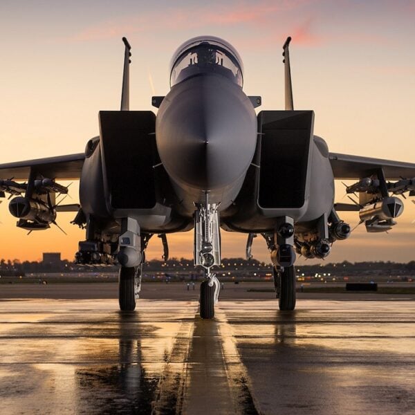 F-15 Aircraft #2 on Tarmac at Sunset with Weapons in Saudi Arabia. Image Credit: Boeing.