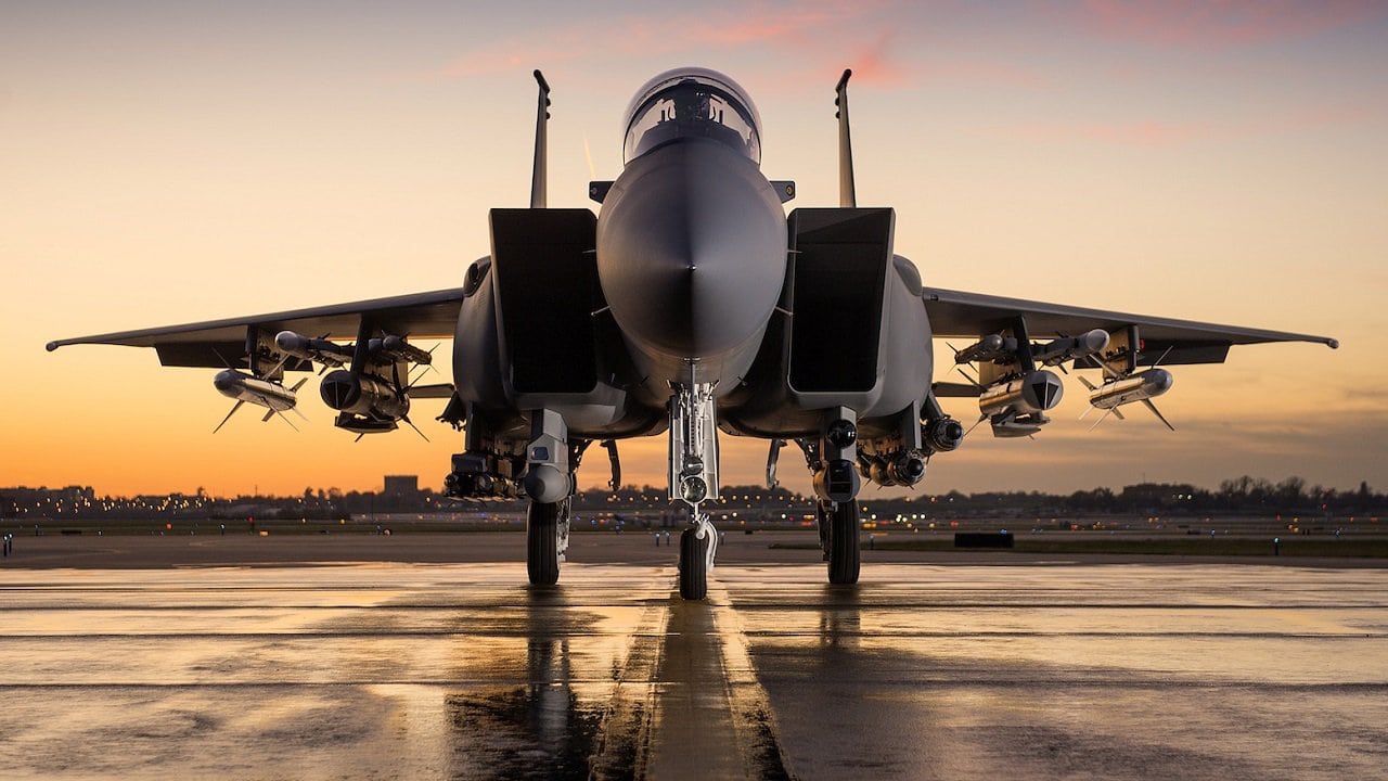 F-15 Aircraft #2 on Tarmac at Sunset with Weapons in Saudi Arabia. Image Credit: Boeing.