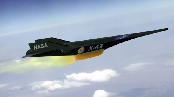 An artist's conception of the X-43A Hypersonic Experimental Vehicle, or "Hyper-X" in flight. The X-43A was developed to flight test a dual-mode ramjet/scramjet propulsion system at speeds from Mach 7 up to Mach 10 (7 to 10 times the speed of sound, which varies with temperature and altitude).