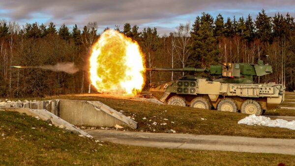 A U.S. Army mobile gun system Stryker variant belonging to Quickstrike Troop, 4th Squadron, 2d Cavalry Regiment fires at several targets during a week-long gunnery range at the Grafenwoehr Training Area, Germany, Feb. 14, 2019. The gunnery was the culminating event for their multi-month training progression. (U.S.Army photo by Sgt. Timothy Hamlin, 2d Cavalry Regiment)