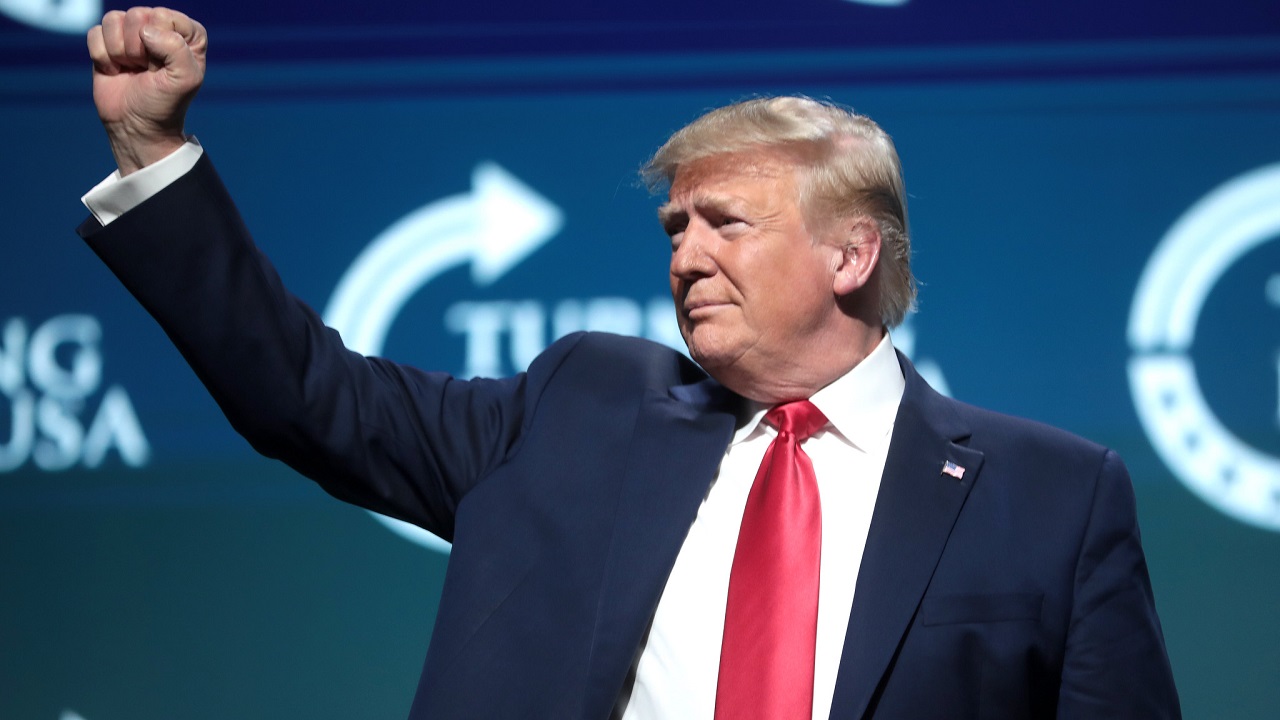 President of the United States Donald Trump speaking with attendees at the 2019 Student Action Summit hosted by Turning Point USA at the Palm Beach County Convention Center in West Palm Beach, Florida. From Gage Skidmore.